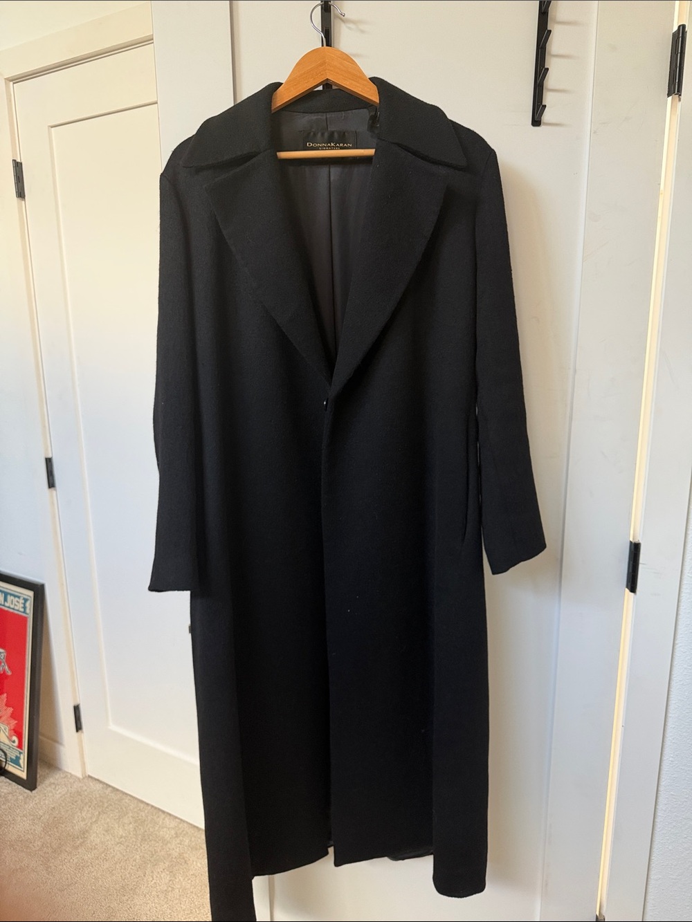 Donna Karan Black Long Wool Trench Coat with Slim Lapel